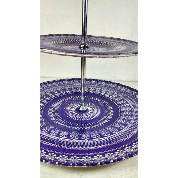 Argent Handmade Purple Silver Glass 2 Tier Serving Tray Stand Made in Turkey - Picture 10 of 15